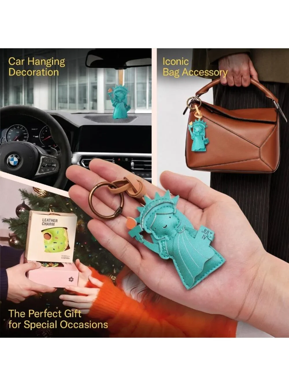 Hand-Sewn Leather Charm Keychain - Travel Bag Accessory for Car, Backpack, Gift